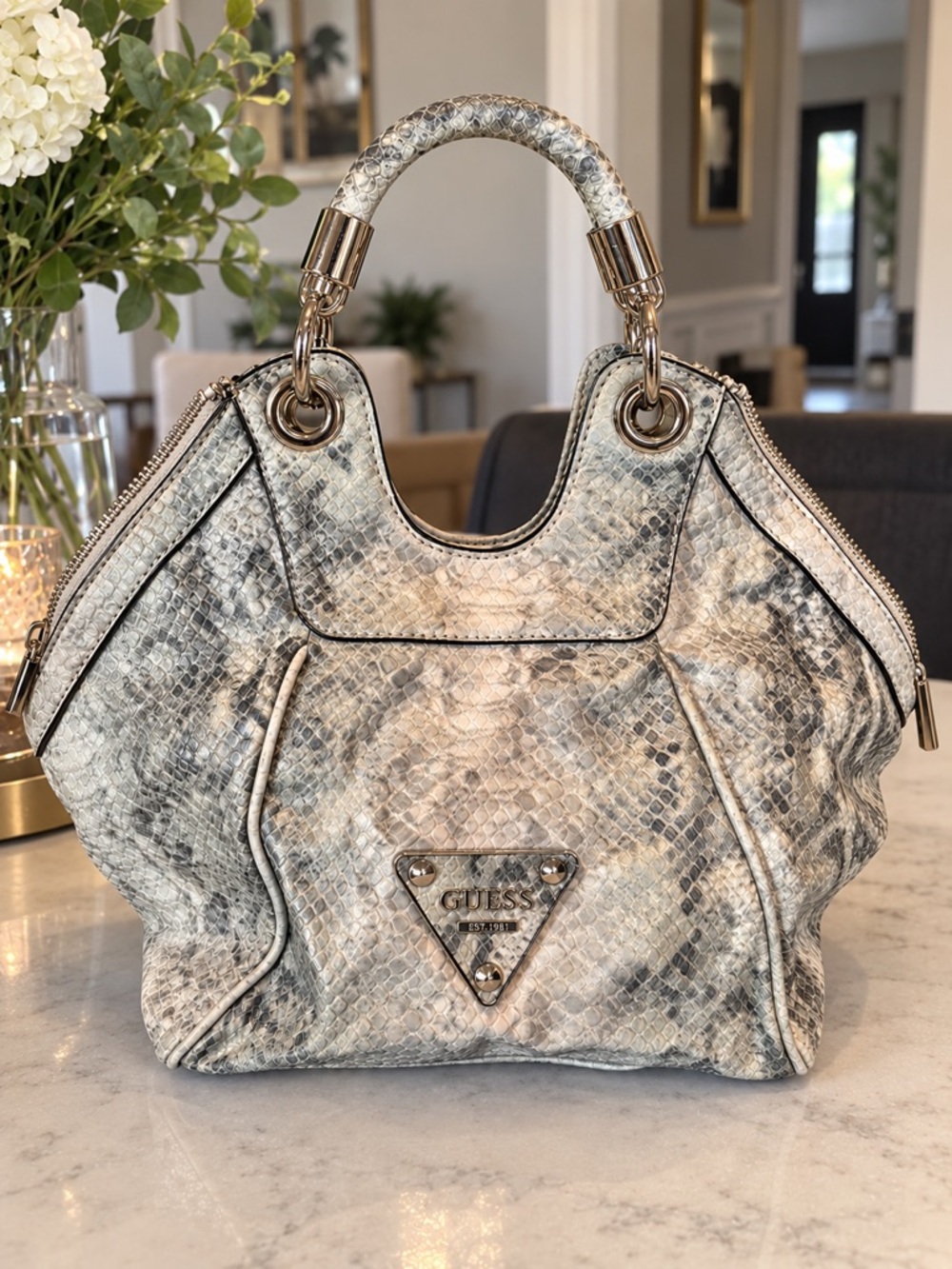 GUESS Cream Snake-Print Handle Satchel